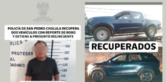 Policía de San Pedro Cholula recupera dos vehículos con reporte de robo y detiene a presunto delincuente