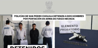 Policías de San Pedro Cholula detienen a dos hombres por portación de arma de fuego hechiza