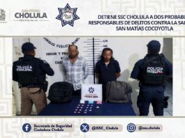 Detiene SSC Cholula a dos probables responsables de delitos contra la salud en San Matías Cocoyotla