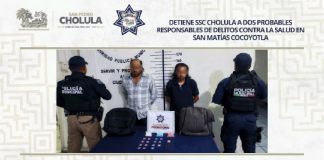 Detiene SSC Cholula a dos probables responsables de delitos contra la salud en San Matías Cocoyotla